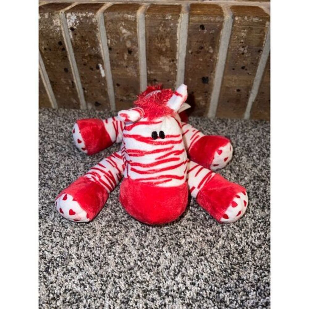Red/white zebra plushie with hearts on paws 10"‎